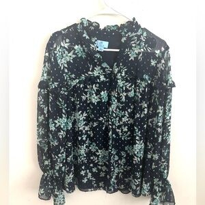 Whimsical Floral Semi Sheer Blouse Sz 1X Button Up Black Green Fairy Feminine